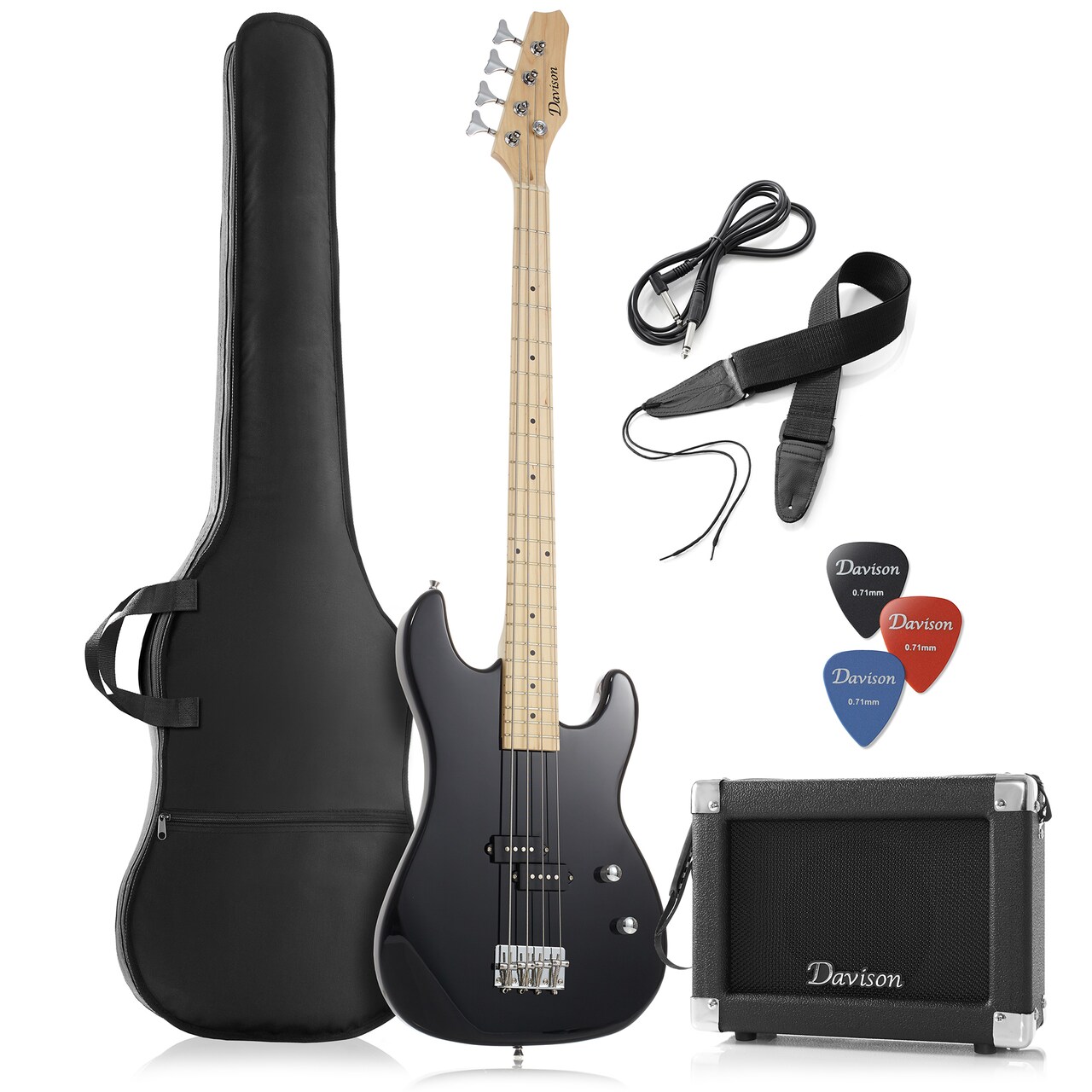 Davison Full Size Electric Bass Guitar with 15-Watt Amp - 4 String Right Handed Beginner Kit with Gig Bag and Accessories